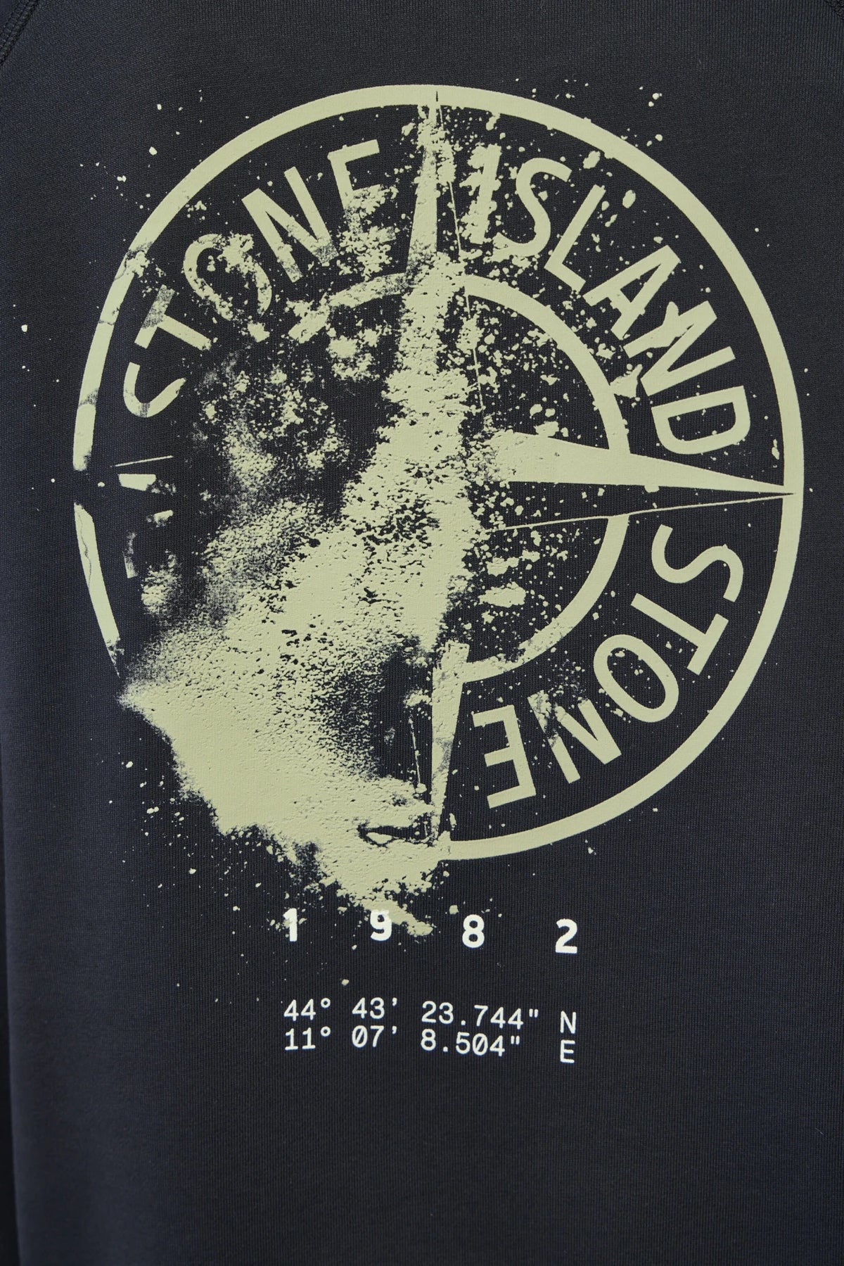 Model wearing Stone Island sweatshirt in casual setting