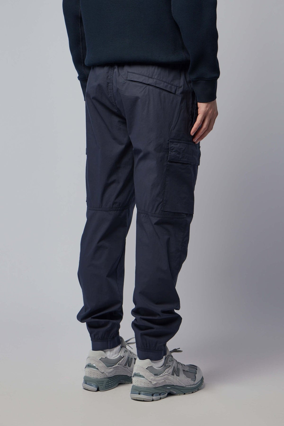 Detail shot of elasticated cuffs on Stone Island cargo trousers