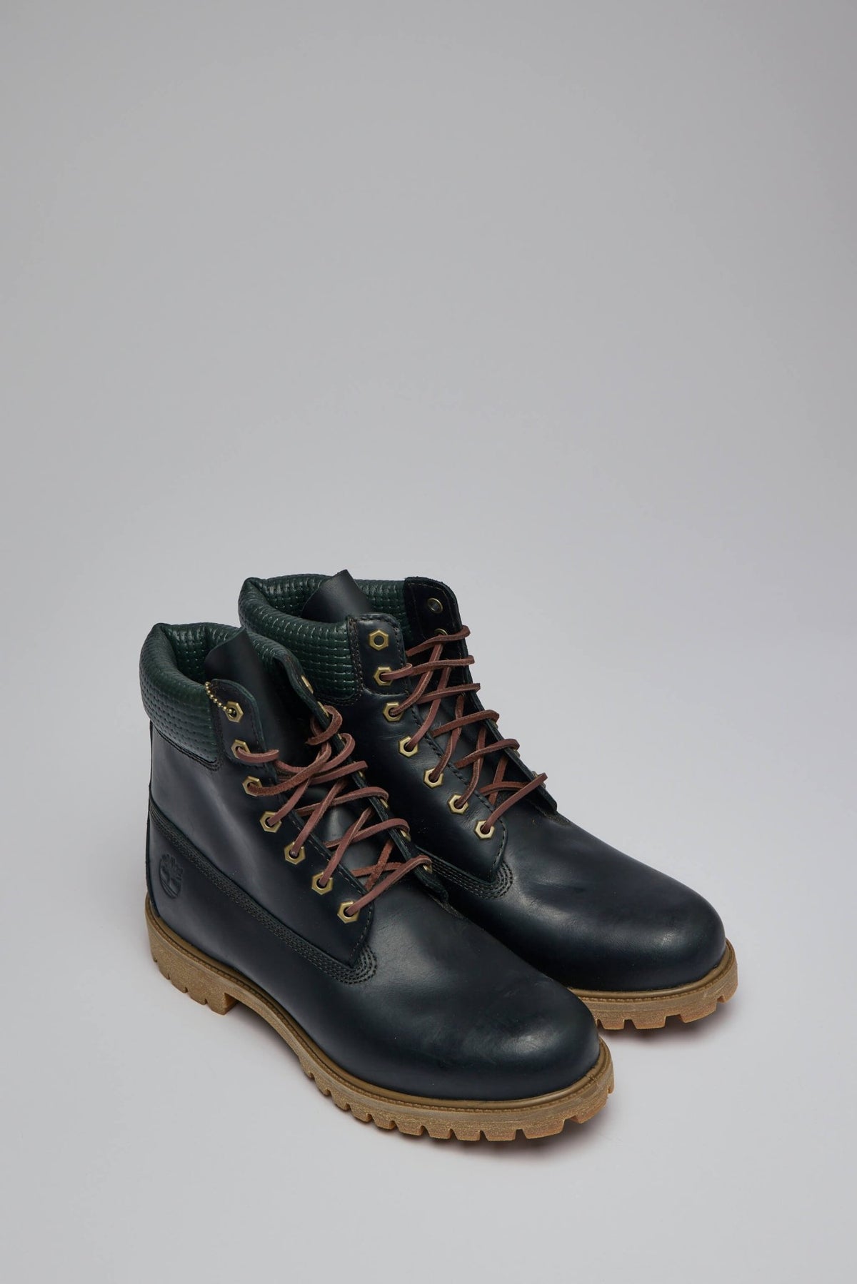 Side view of Timberland waterproof boots showing logo and textured collar