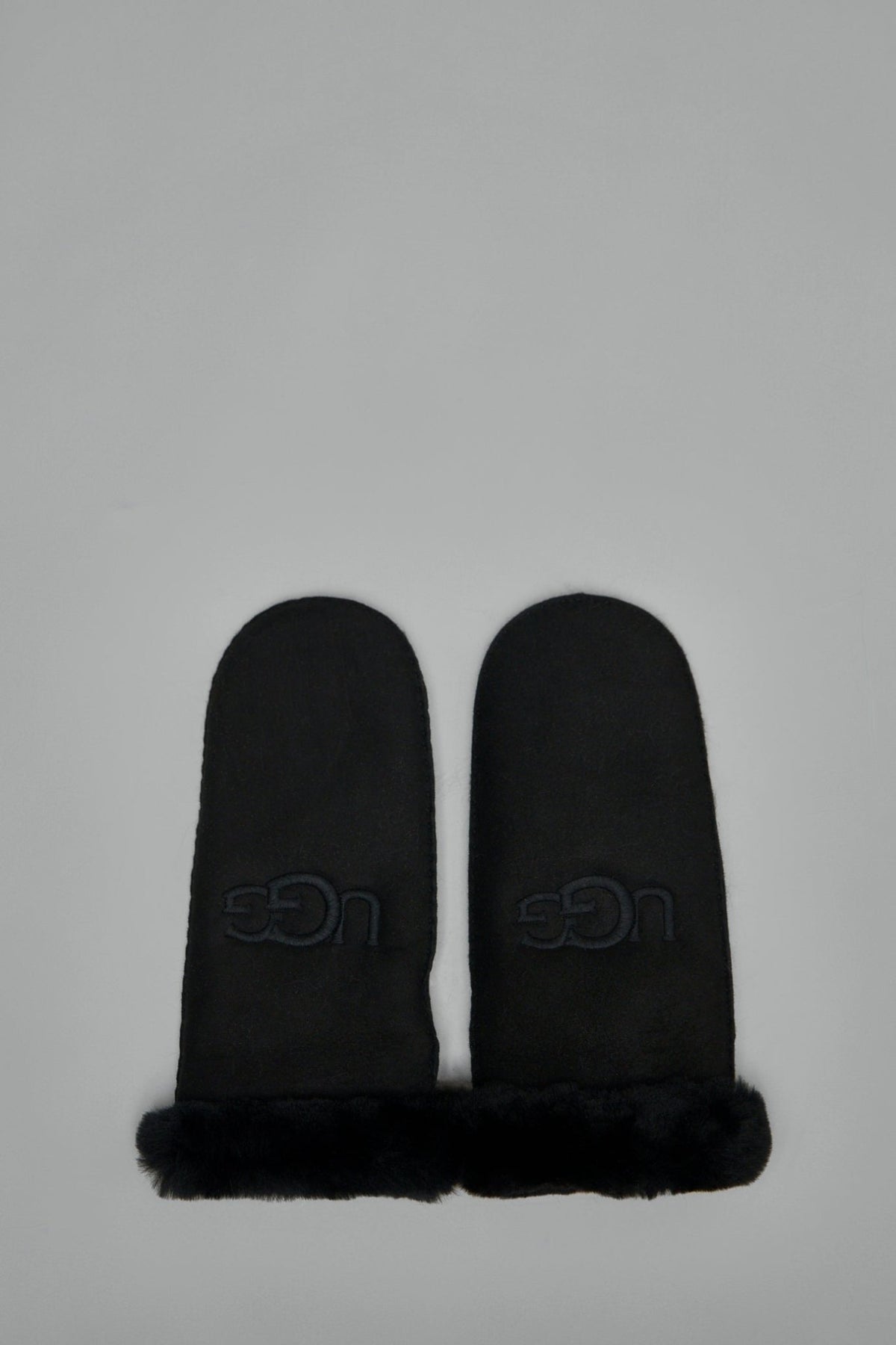 UGG Gloves - Black sheepskin mittens with embroidered logo and fur trim