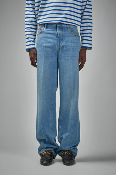 Denim Trousers with Floral Print Hem