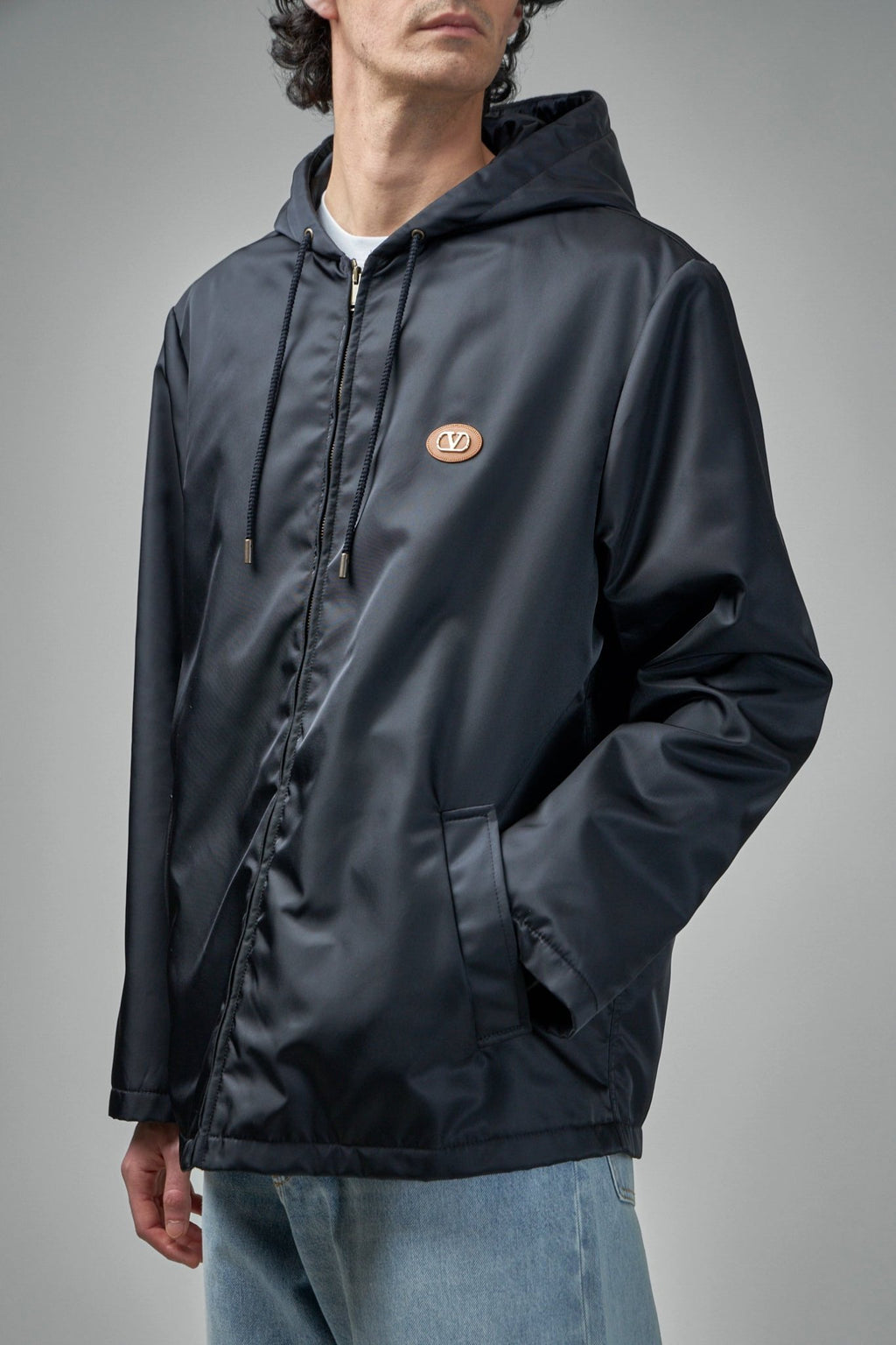 Valentino - Nylon Hooded Windbreaker with V - Logo Patch - LABELS