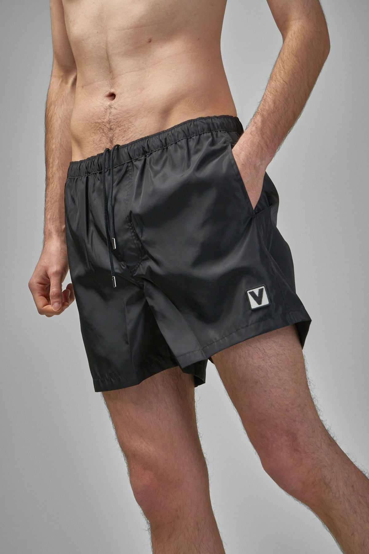 Full view of Valentino nylon swimsuit with regular fit styling