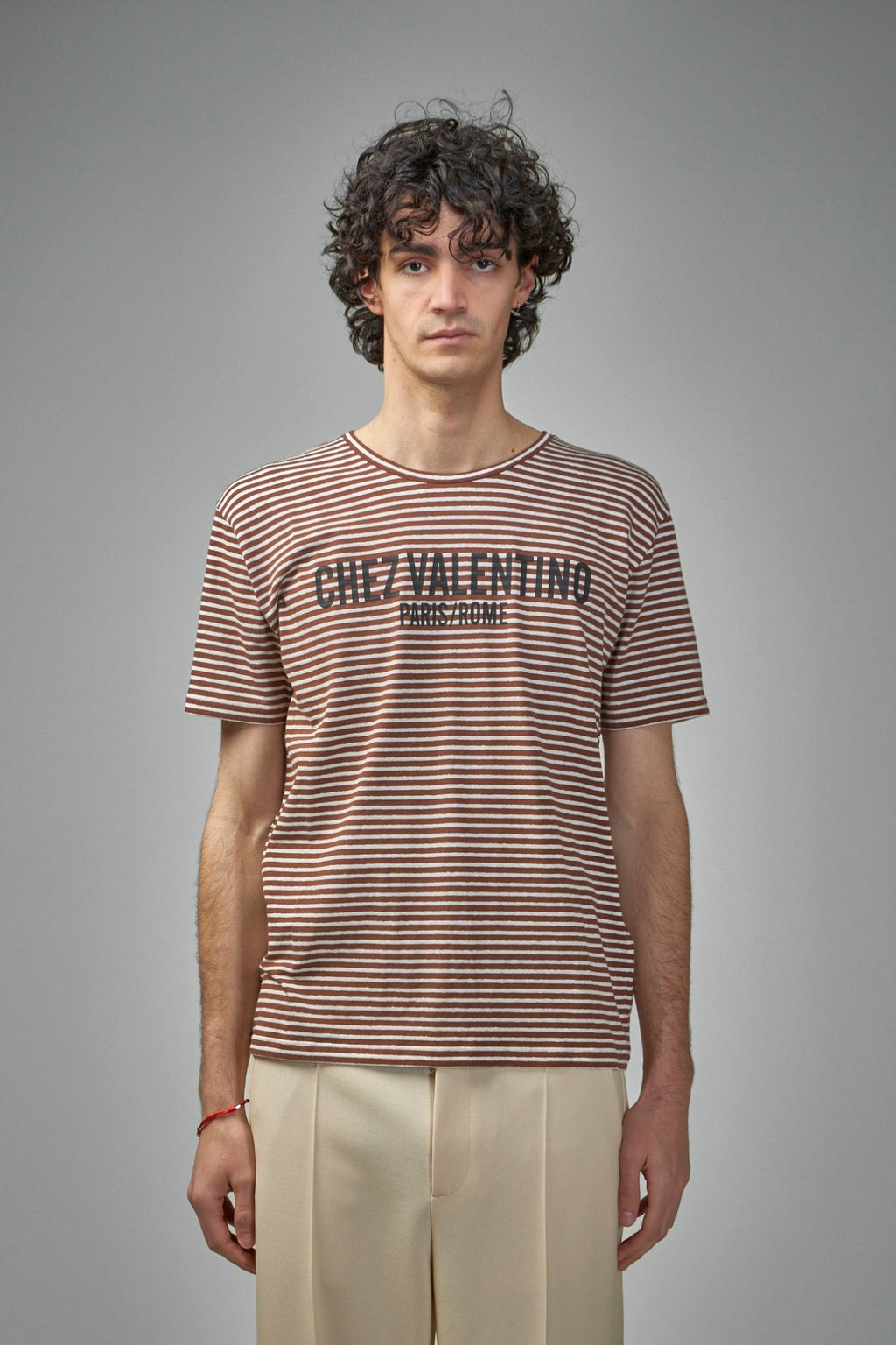 Valentino - Striped Cotton T-Shirt with Chez Valentino Print - LABELS