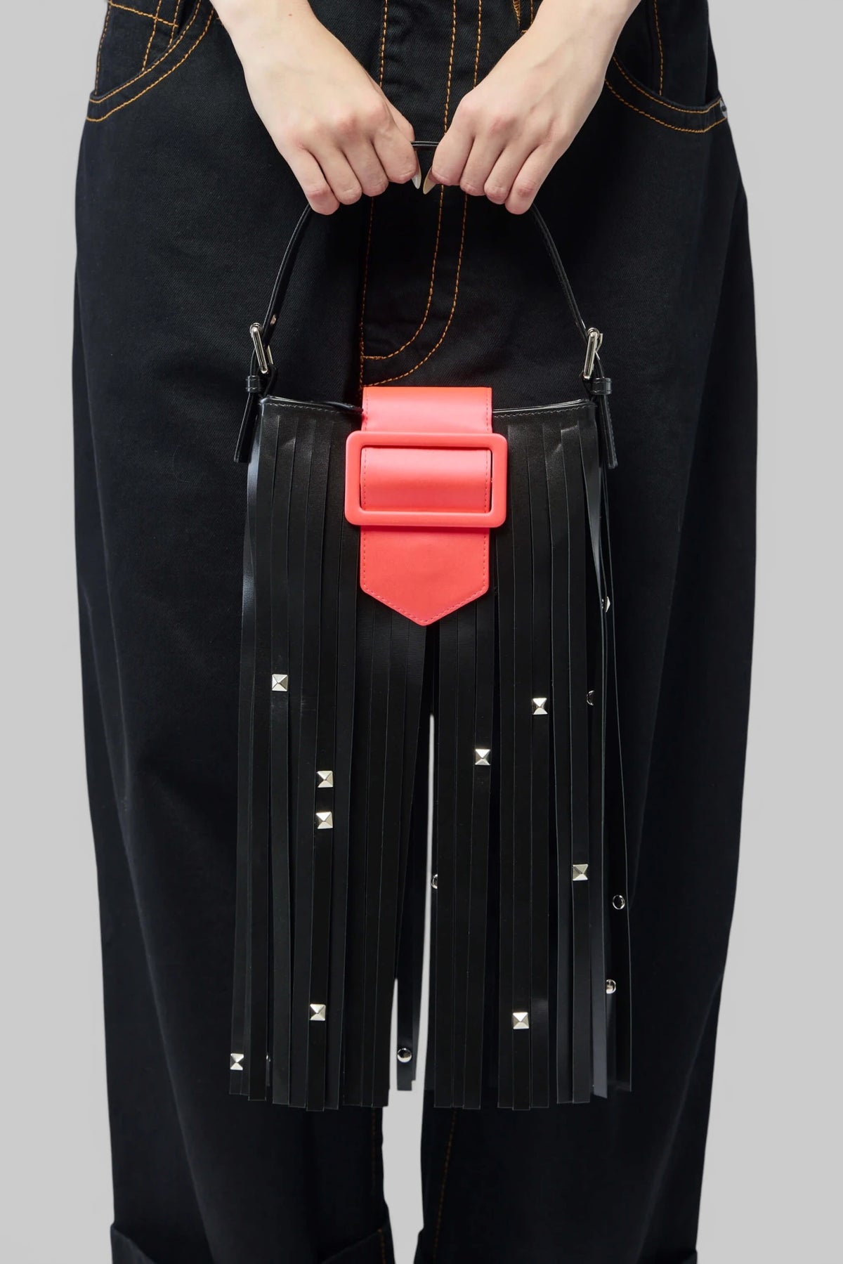 Vaquera Mini Fringe Bag Leather showing pink buckle closure detail