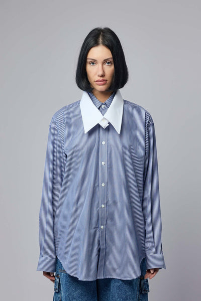 Women Striped Fly Away Collar Button Down Woven