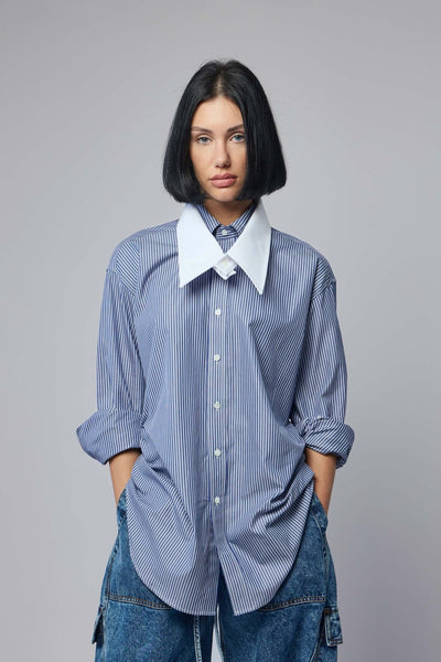 Women Striped Fly Away Collar Button Down Woven