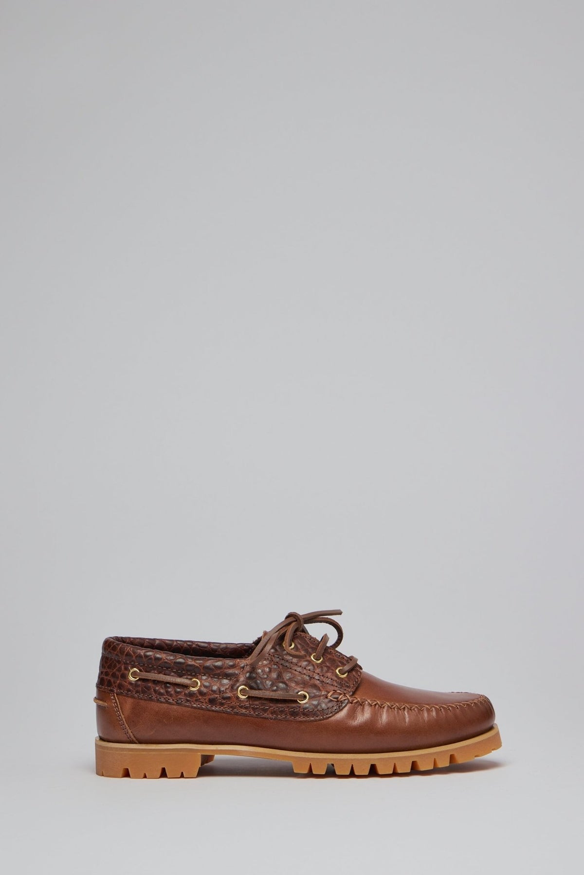 Vinny's Flats Aztec Boat Shoe in two-tone brown leather with textured panels