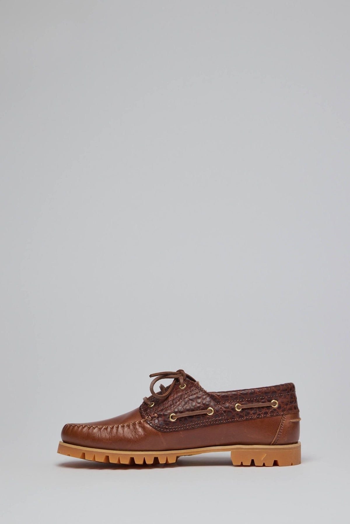 Side profile of Vinny's Aztec boat shoe showing chunky rubber sole