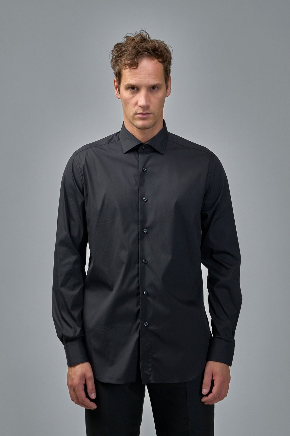 Close-up of Xacus shirt collar and button placket detail
