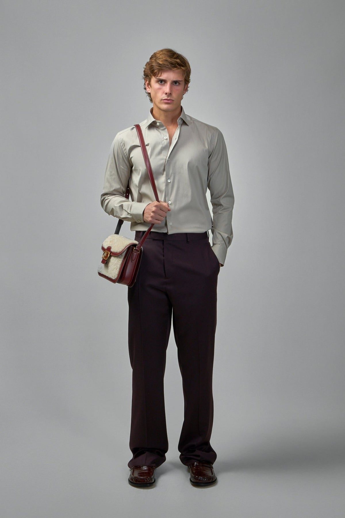 Full view of model wearing Xacus classic long sleeve shirt in professional styling