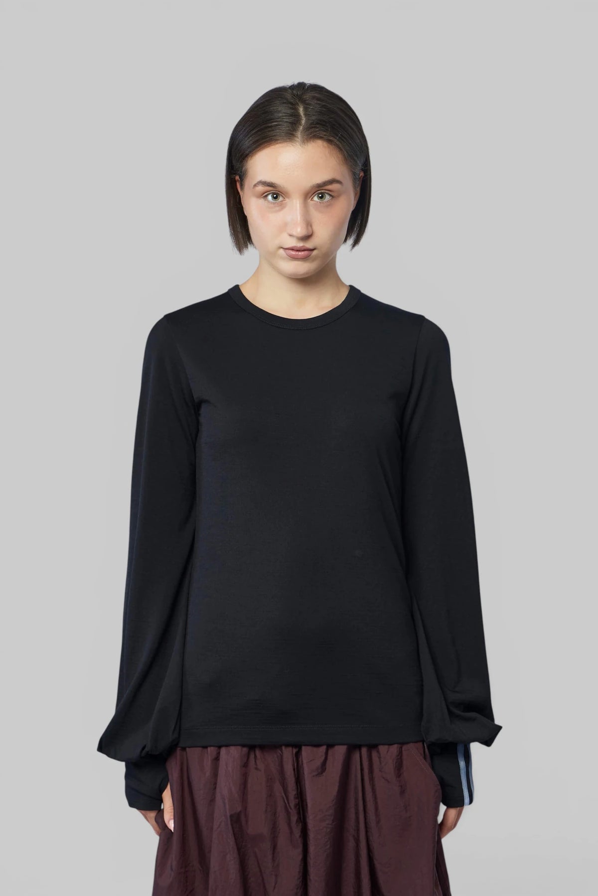 Y-3 Yohji Yamamoto blouse styled with wide-leg trousers