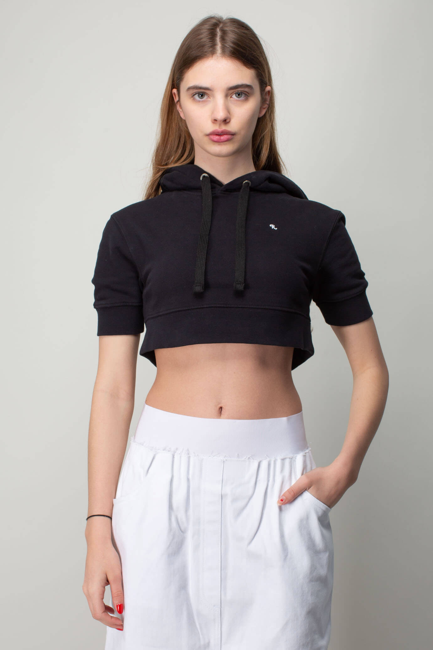 Cropped Hoodie with R Embroidery