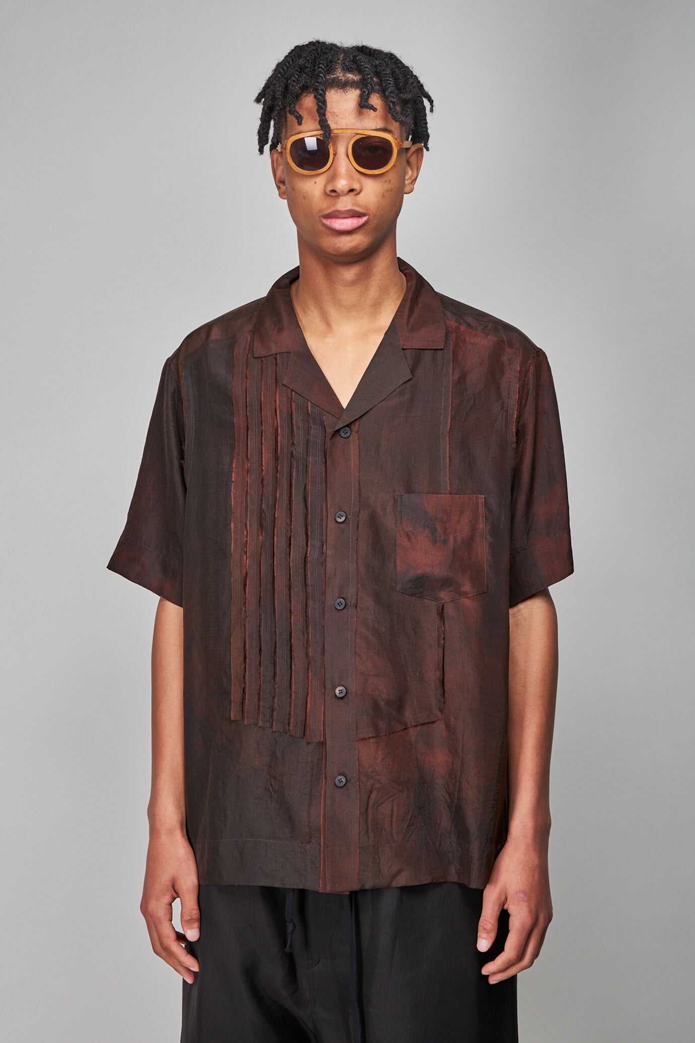 Asymmetric Striped Short Sleeve Shirt, brown