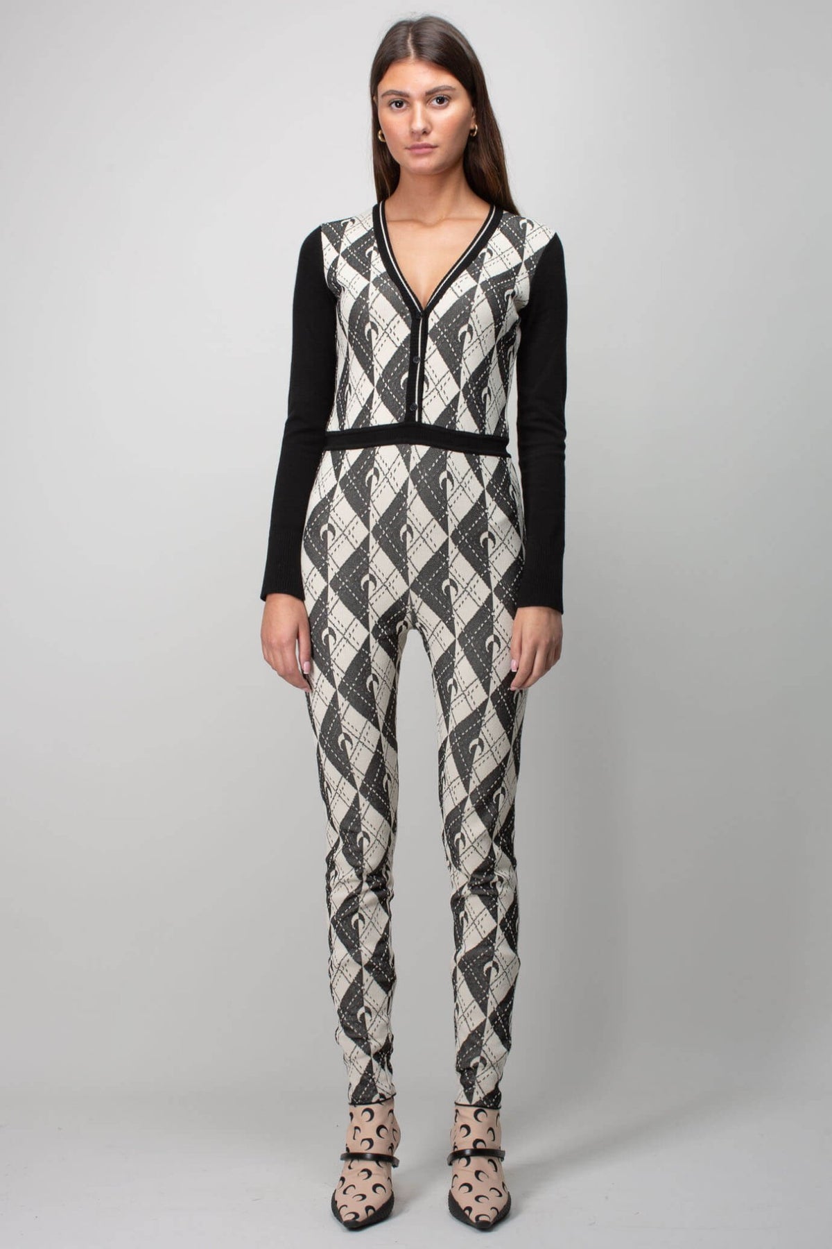 Marine Serre Knit Catsuit in signature checkered pattern with v-neck design