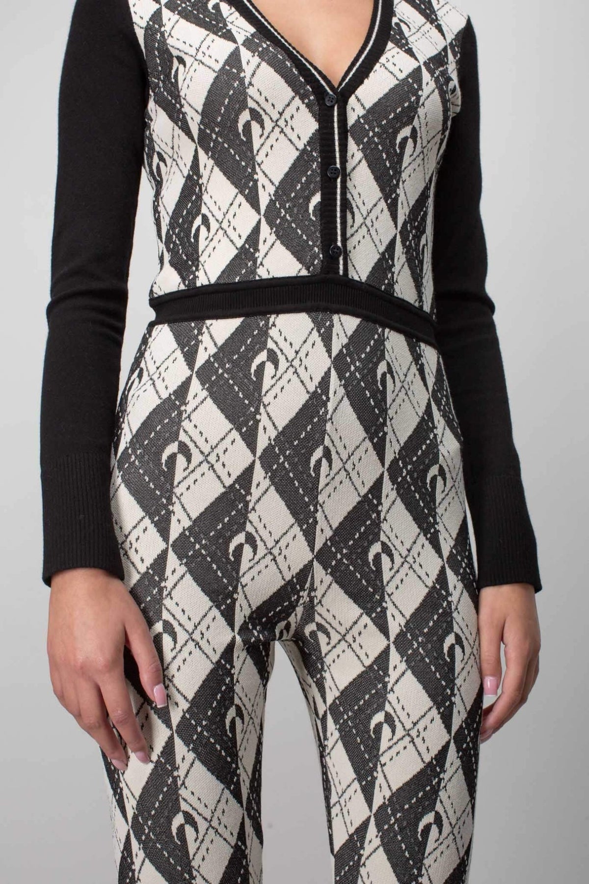 Marine Serre catsuit fabric detail highlighting polyamide-elastane construction