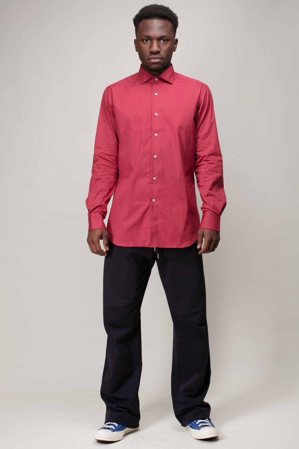 Xacus shirt collar and button detail showcasing Italian craftsmanship